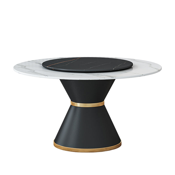 Round Stone Dining Table Black Base Traditional Luxury Dinette Table in White