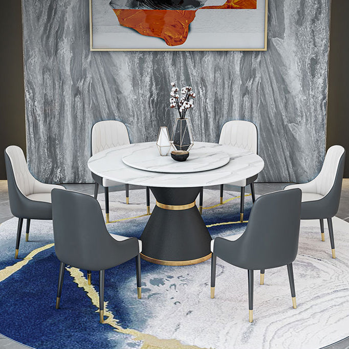 Round Stone Dining Table Black Base Traditional Luxury Dinette Table in White