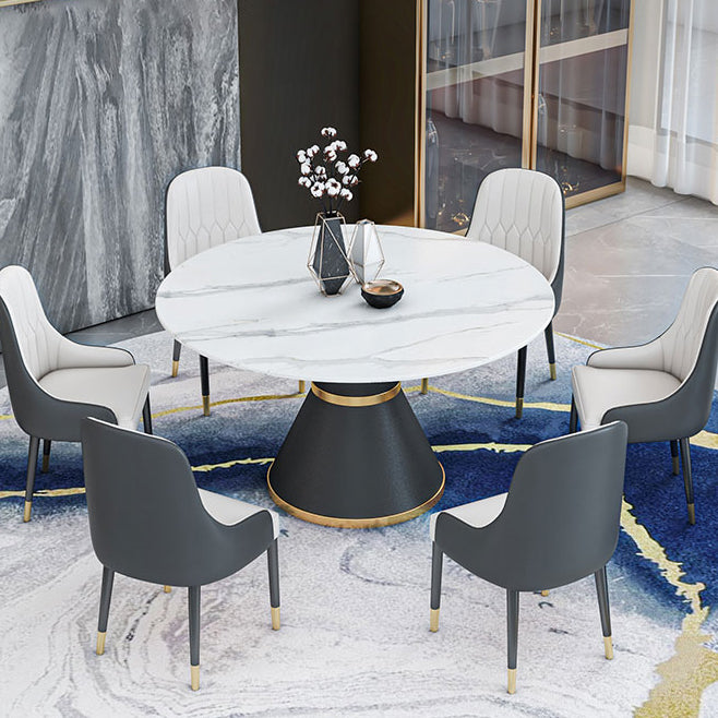 Round Stone Dining Table Black Base Traditional Luxury Dinette Table in White