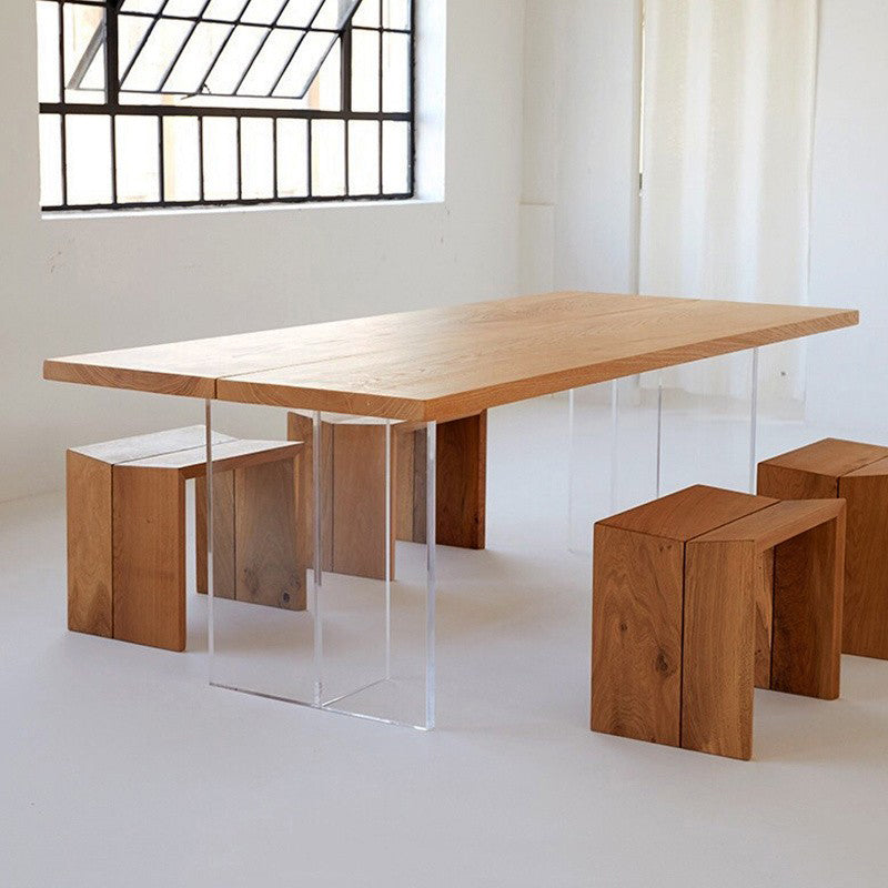 Rectangle Pine Wood Dining Table Modern Kitchen Table with Acrylic Double Pedestal