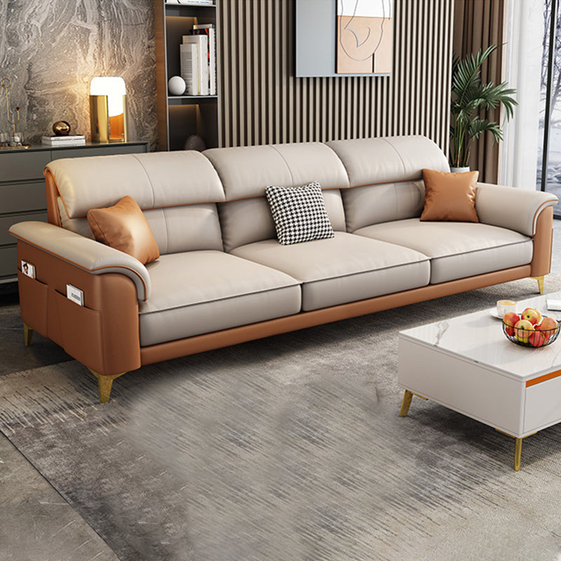 Modern Faux Leather Beige Sofa with Pillow Top Arm for Living Room