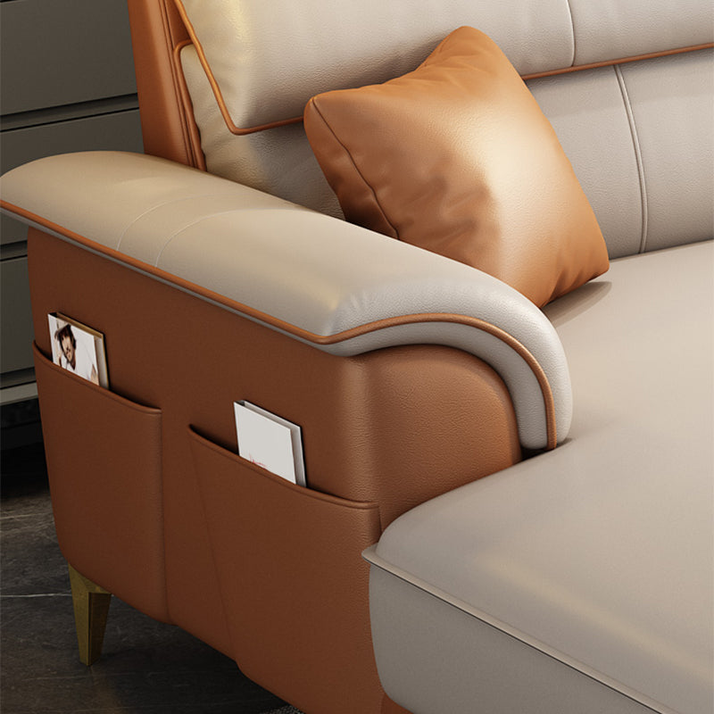 Modern Faux Leather Beige Sofa with Pillow Top Arm for Living Room