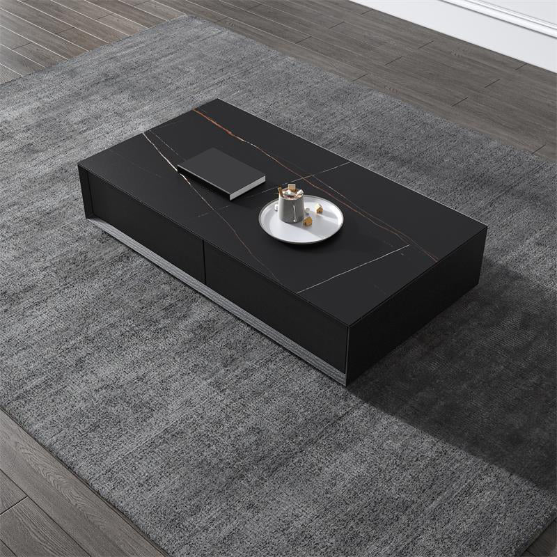 Modern Slate Block Coffee Table with Drawer Rectangular Cocktail Table