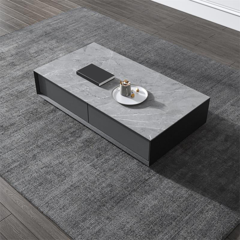 Modern Slate Block Coffee Table with Drawer Rectangular Cocktail Table