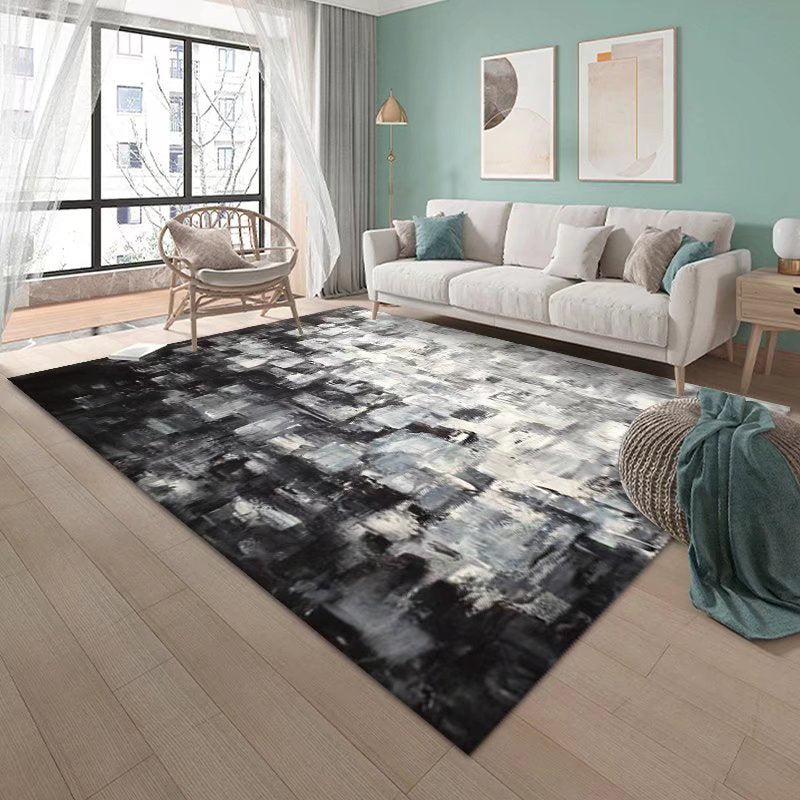 Dark Grey Abstract Print Rug Polyester Modern Rug Washable Rug for Living Room