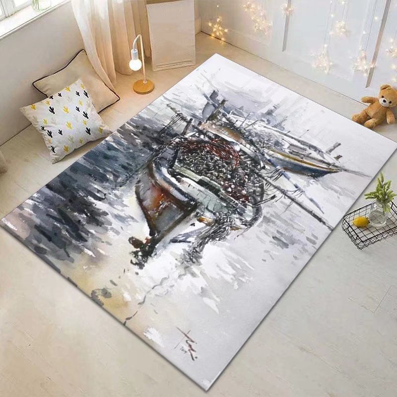 Dark Grey Abstract Print Rug Polyester Modern Rug Washable Rug for Living Room