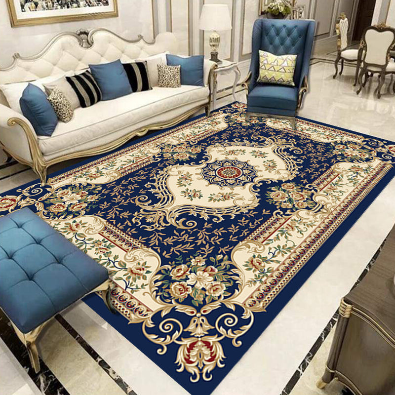 Navy Flower Rug Polyester Extravagant Rug Washable Rug for Living Room