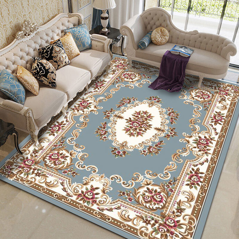 Navy Flower Rug Polyester Extravagant Rug Washable Rug for Living Room