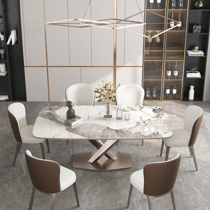 Rectangle Dining Table Stone Top Table with Stainless Steel Pedestal Base