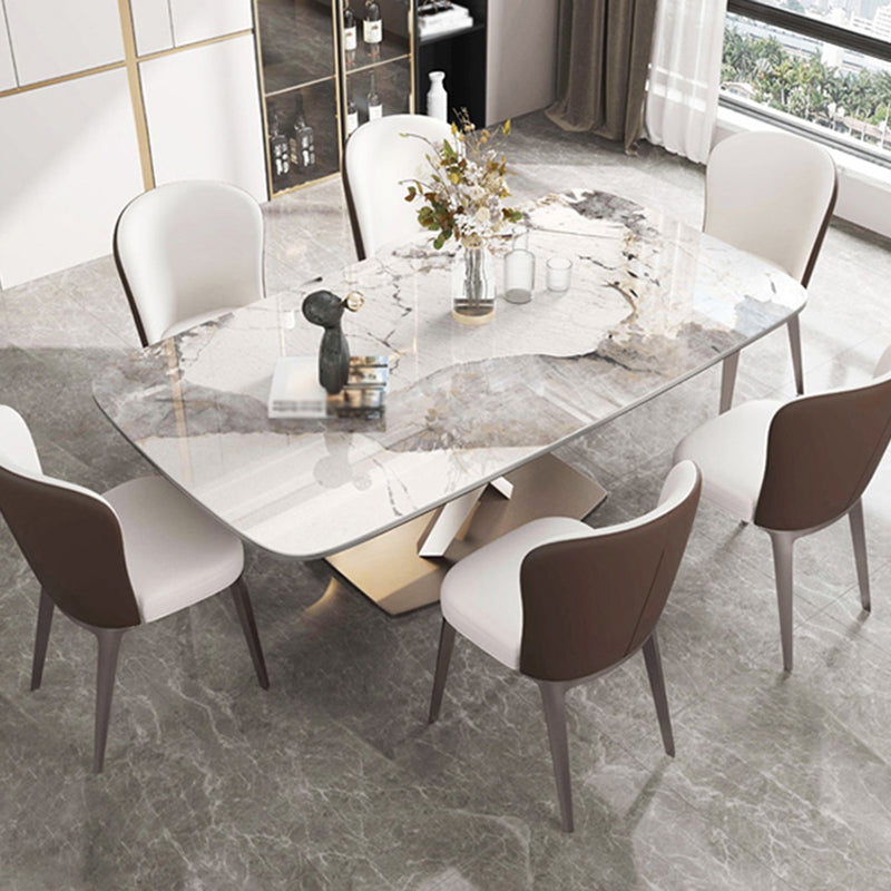 Rectangle Dining Table Stone Top Table with Stainless Steel Pedestal Base
