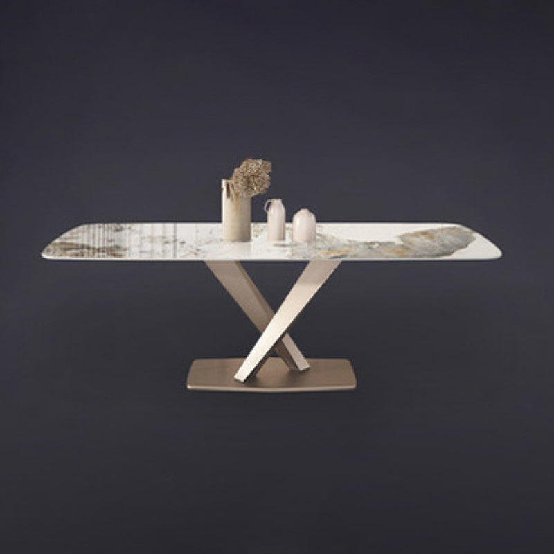 Rectangle Dining Table Stone Top Table with Stainless Steel Pedestal Base