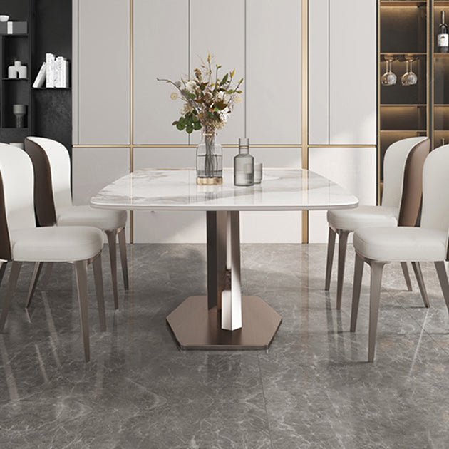 Rectangle Dining Table Stone Top Table with Stainless Steel Pedestal Base