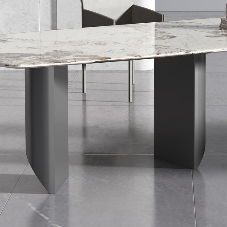 Metal Contemporary Rectangular Dining Table Sintered Stone Table with Double Pedestal