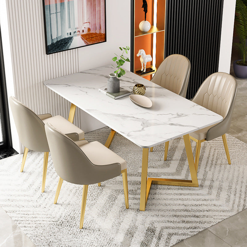Stone Top Dining Table White Traditional Luxury Table with Sled Base