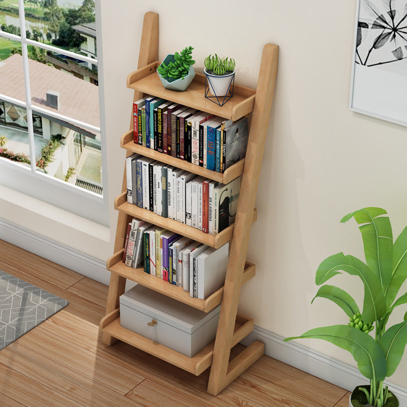 Rubber Wood Ladder Bookshelf Contemporary Open Bookcase for Home Office