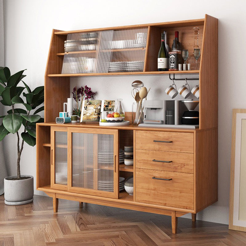 Pine Wood Buffet Table 3 Drawer 4 Glass Doors Simple Style Cupboard for Kitchen