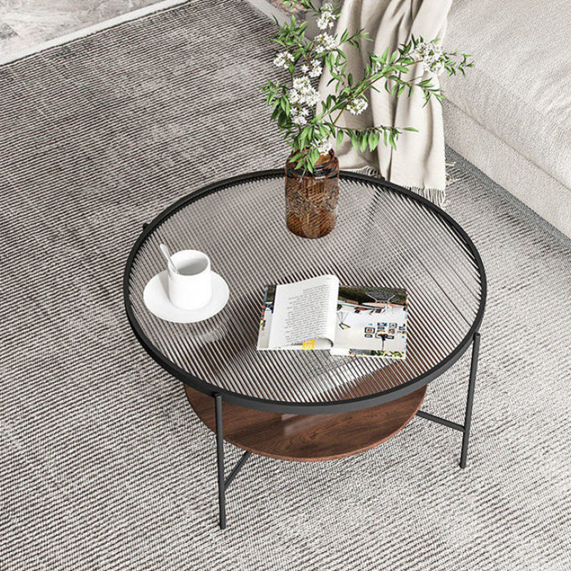 17.7" Tall Modern Cross Leg Glass Round Coffee Table with Shelf