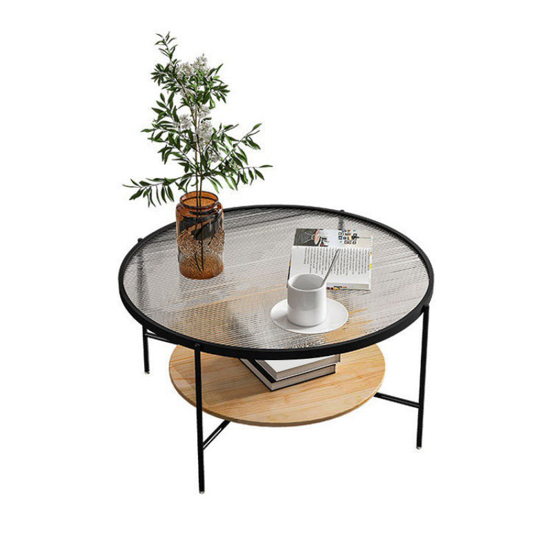 17.7" Tall Modern Cross Leg Glass Round Coffee Table with Shelf