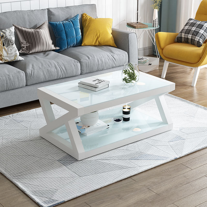 17.7" Tall Modern Trestle Base Glass Rectangular Coffee Table with Shelf