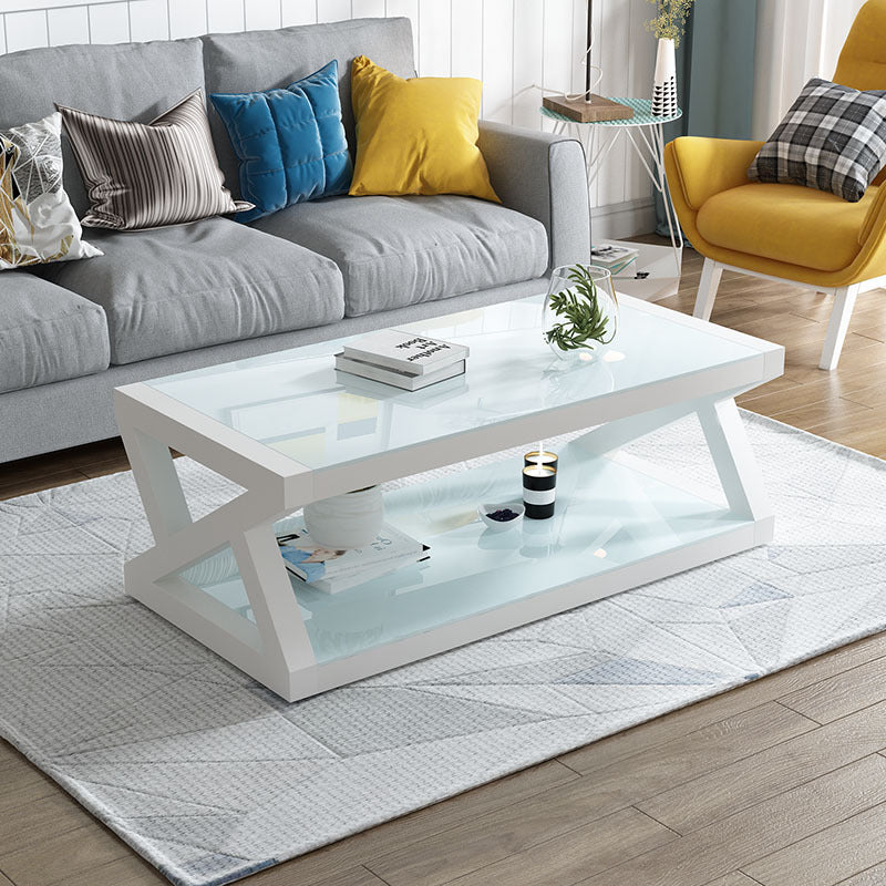 17.7" Tall Modern Trestle Base Glass Rectangular Coffee Table with Shelf