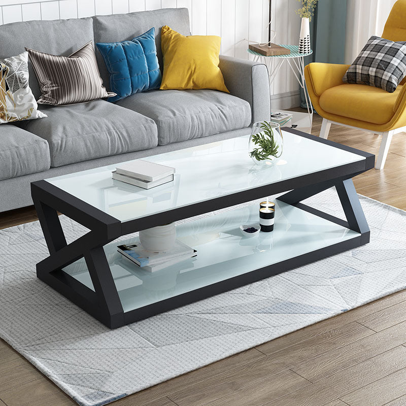 17.7" Tall Modern Trestle Base Glass Rectangular Coffee Table with Shelf