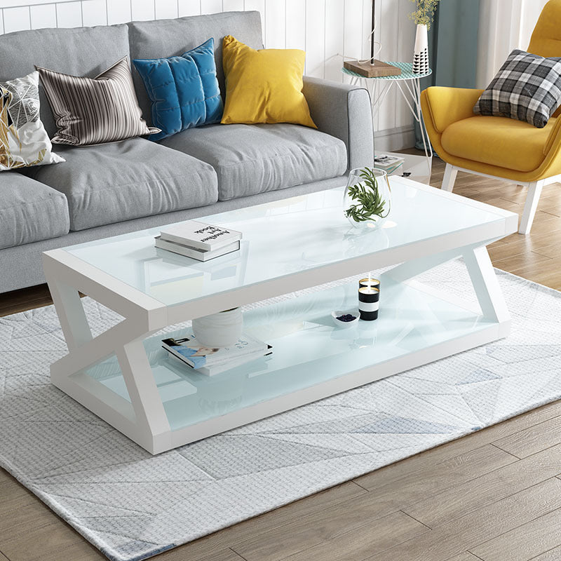 17.7" Tall Modern Trestle Base Glass Rectangular Coffee Table with Shelf