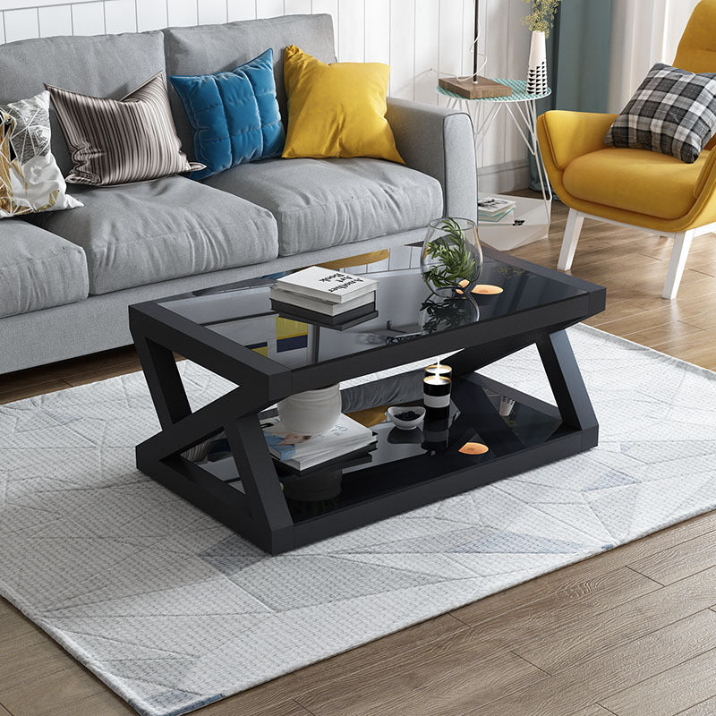 17.7" Tall Modern Trestle Base Glass Rectangular Coffee Table with Shelf