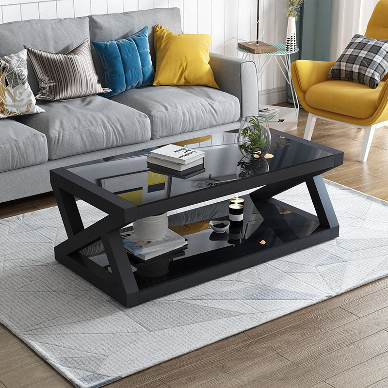 17.7" Tall Modern Trestle Base Glass Rectangular Coffee Table with Shelf