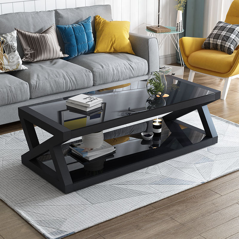 17.7" Tall Modern Trestle Base Glass Rectangular Coffee Table with Shelf