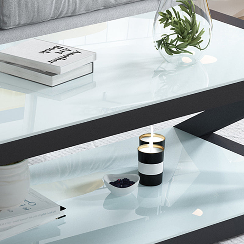 17.7" Tall Modern Trestle Base Glass Rectangular Coffee Table with Shelf