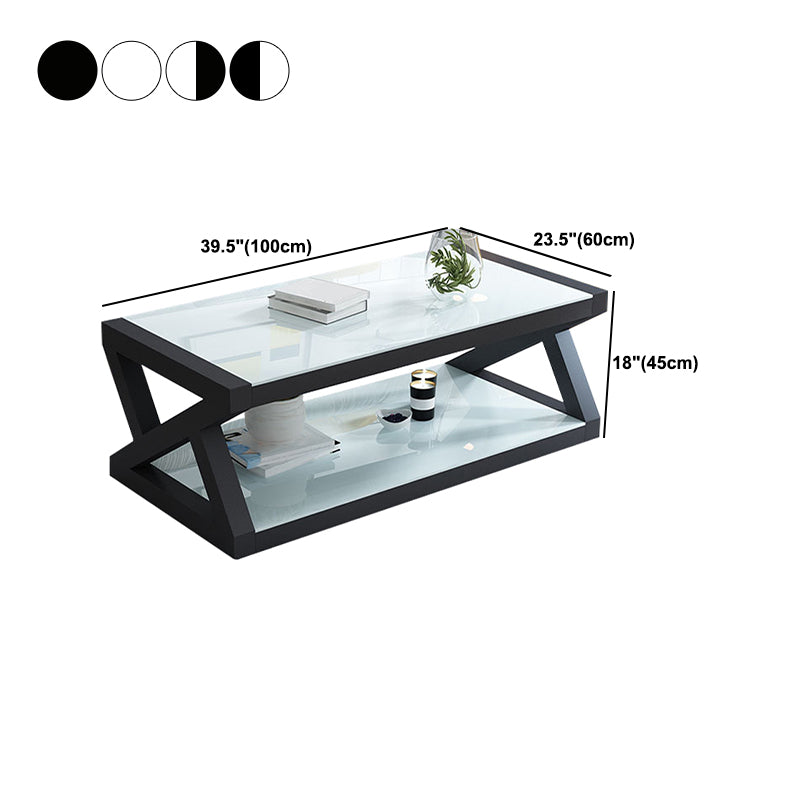 17.7" Tall Modern Trestle Base Glass Rectangular Coffee Table with Shelf