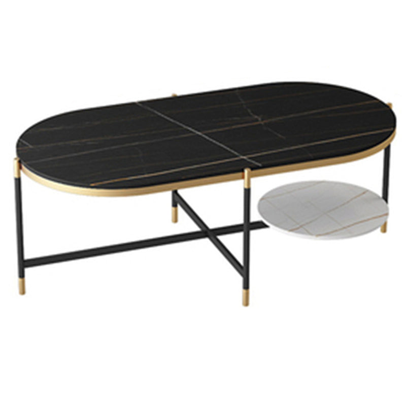 17.7" Tall Modern Metal Cross Leg Base Glass Oval Coffee Table with Shelf
