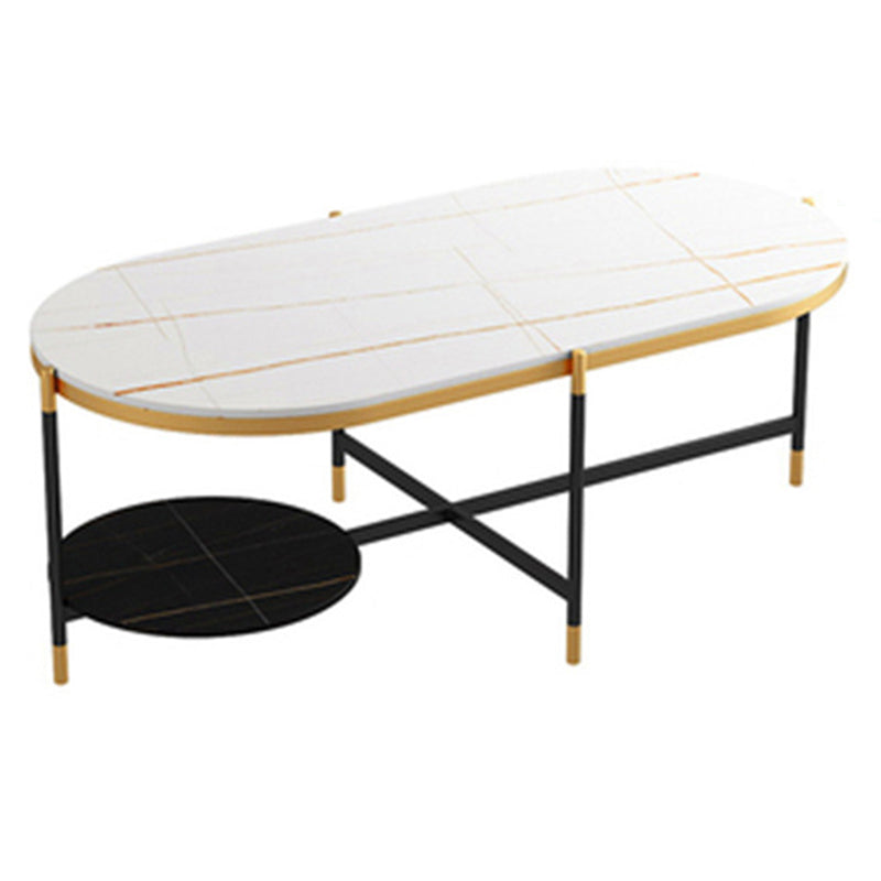 17.7" Tall Modern Metal Cross Leg Base Glass Oval Coffee Table with Shelf
