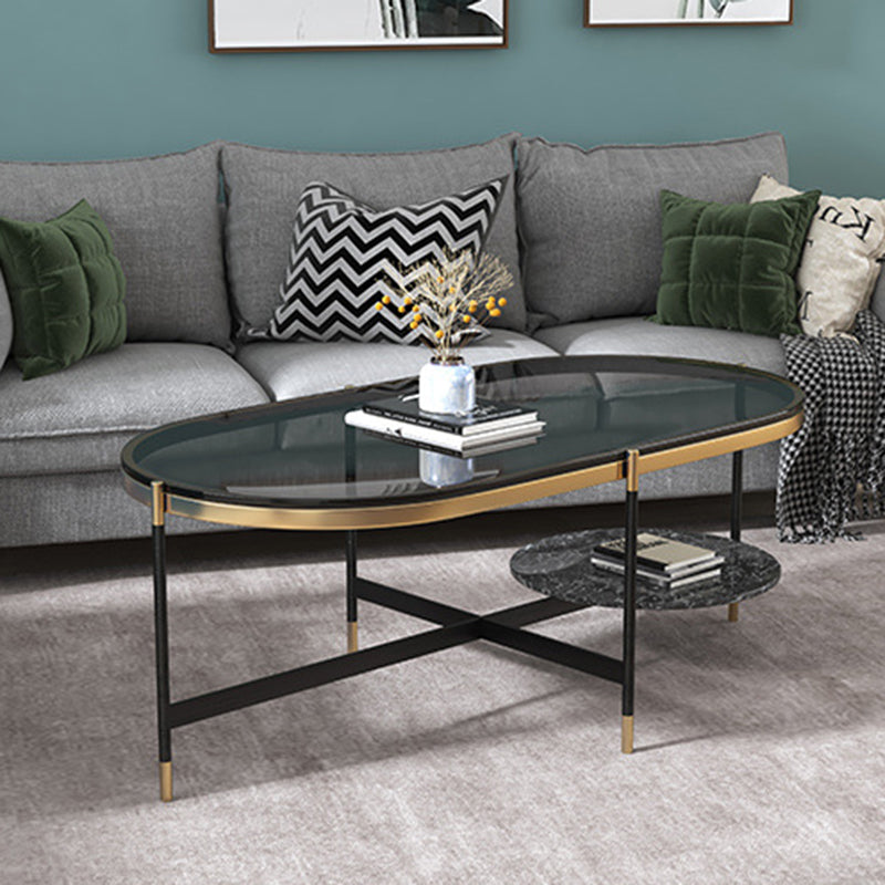 17.7" Tall Modern Metal Cross Leg Base Glass Oval Coffee Table with Shelf