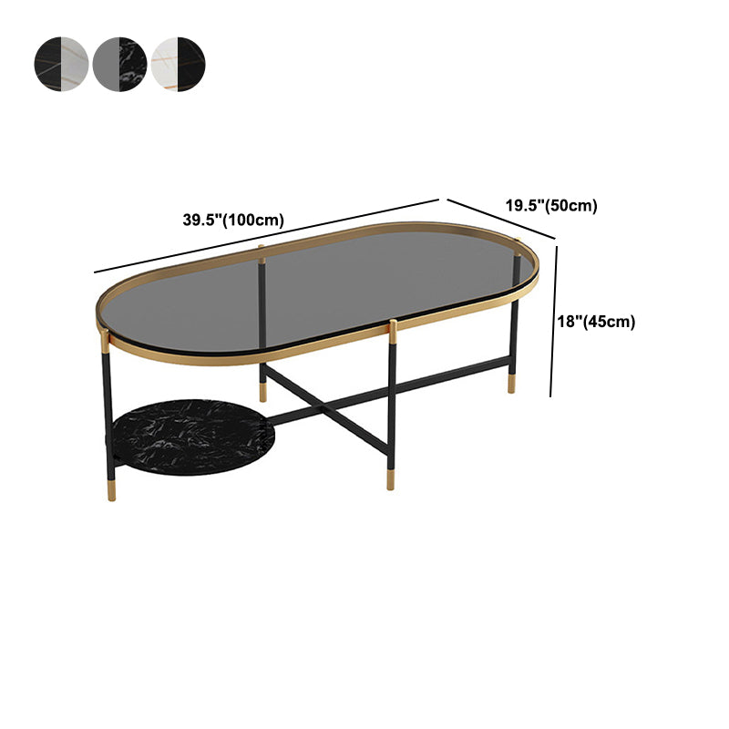17.7" Tall Modern Metal Cross Leg Base Glass Oval Coffee Table with Shelf