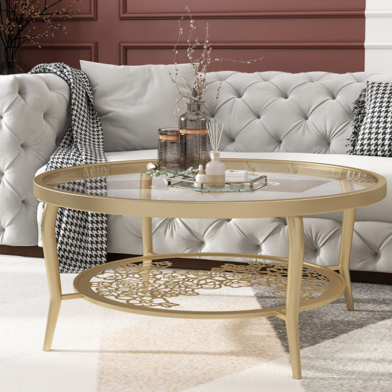 23.6"/17.7"H Modern 4 Legs Steel Base Glass Round Coffee Table with Shelf