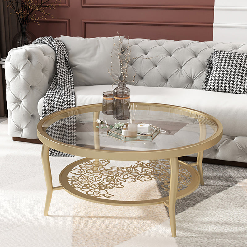 23.6"/17.7"H Modern 4 Legs Steel Base Glass Round Coffee Table with Shelf