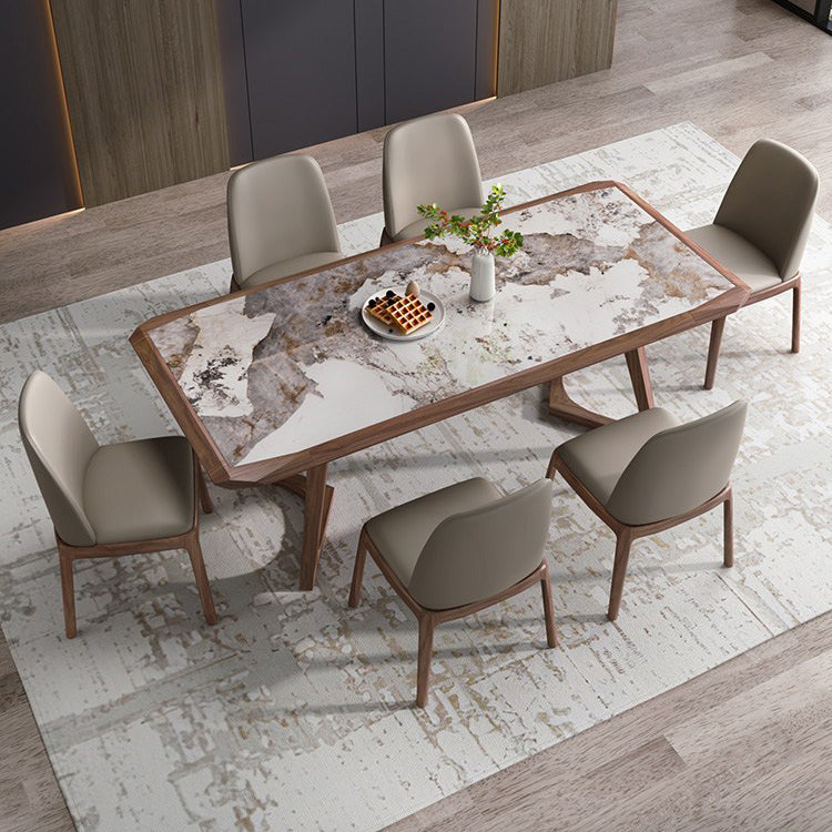 Brown Finish Legs Dining Site Table Modern Stone Top Rectangle Counter Dining Table