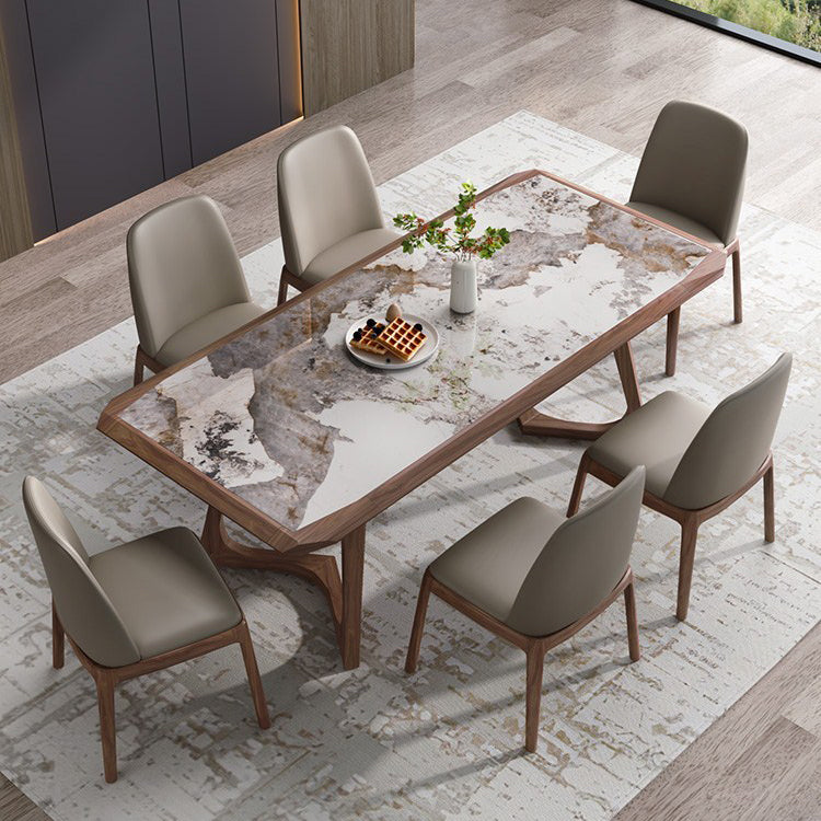 Brown Finish Legs Dining Site Table Modern Stone Top Rectangle Counter Dining Table