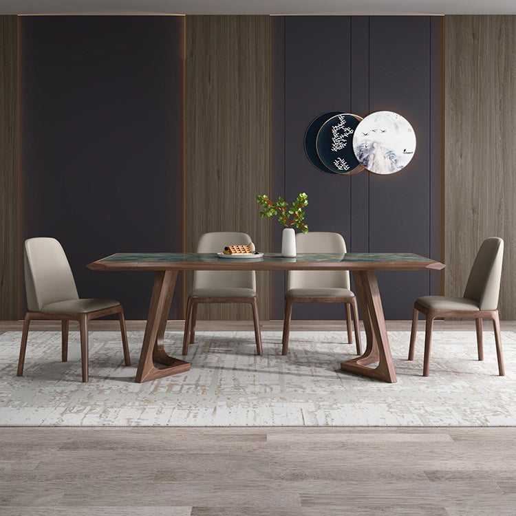 Brown Finish Legs Dining Site Table Modern Stone Top Rectangle Counter Dining Table