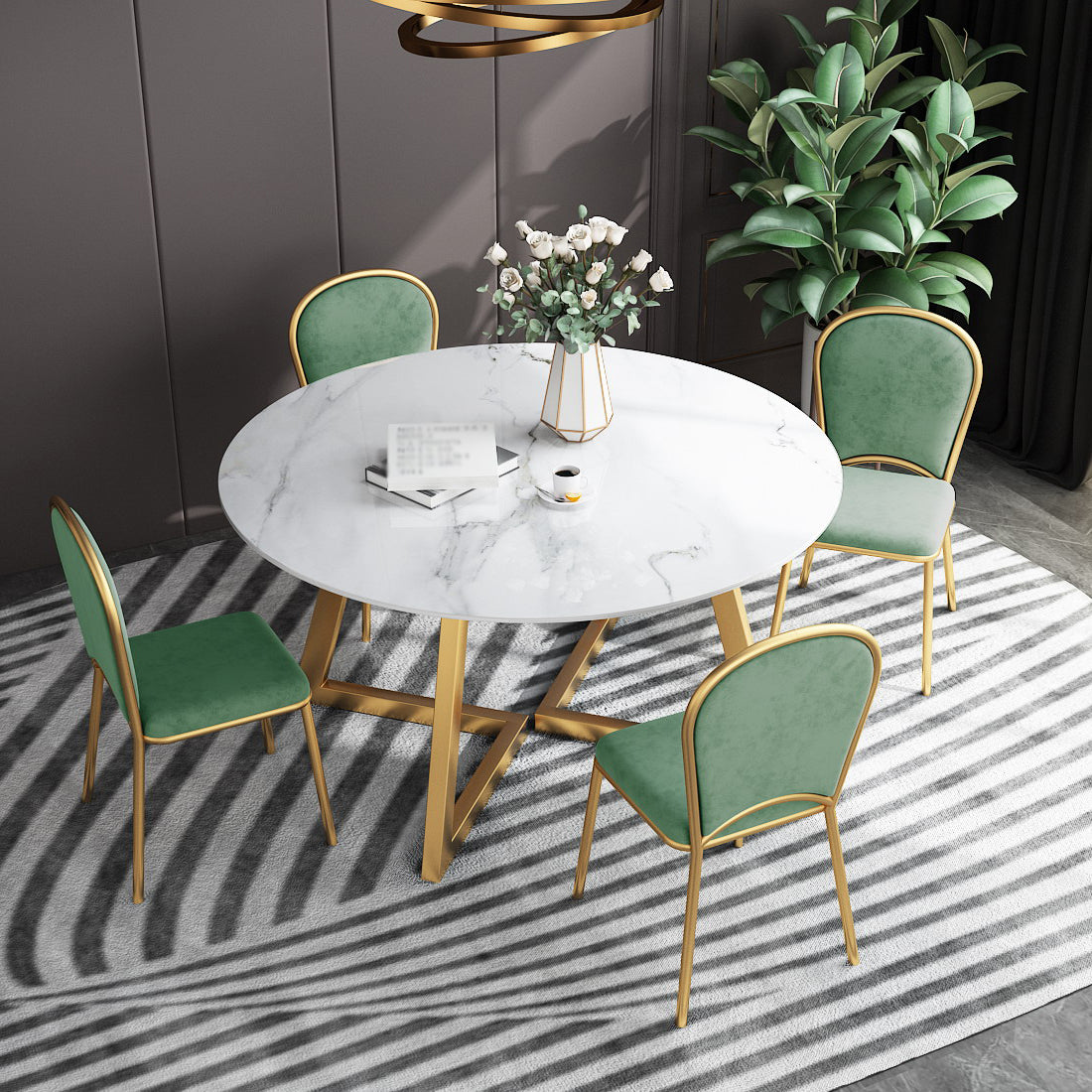 White Stone Top Dining Table Glam Style Gold Base Dining Table for Living Room