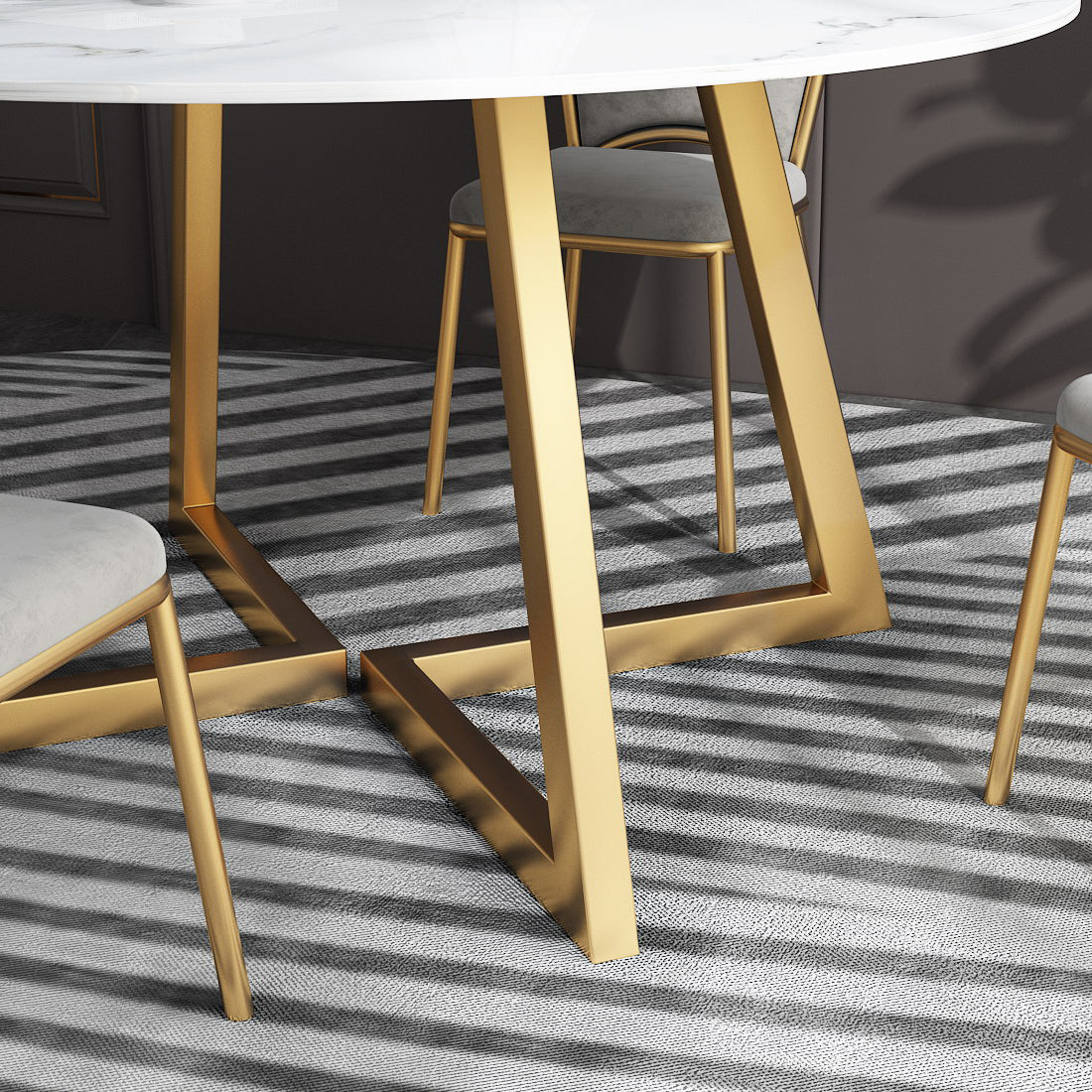 White Stone Top Dining Table Glam Style Gold Base Dining Table for Living Room