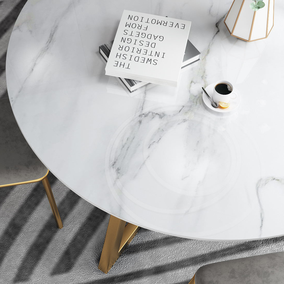 White Stone Top Dining Table Glam Style Gold Base Dining Table for Living Room