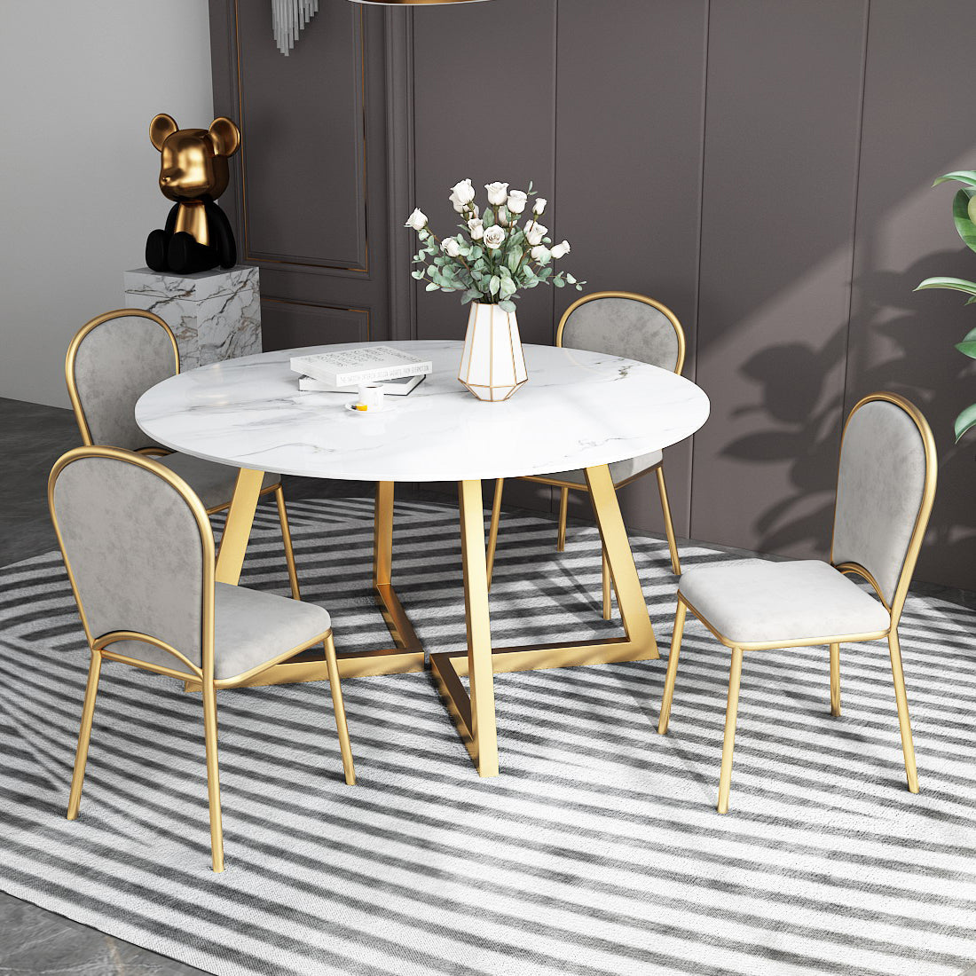 White Stone Top Dining Table Glam Style Gold Base Dining Table for Living Room