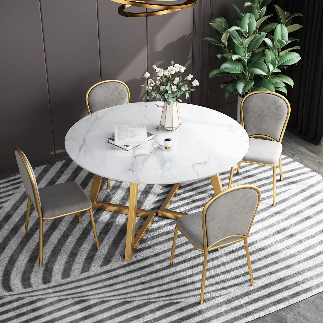 White Stone Top Dining Table Glam Style Gold Base Dining Table for Living Room