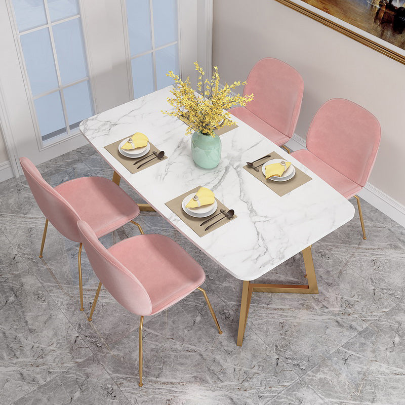 White Stone Top Dining Table Glam Style Gold Base Dining Table for Living Room