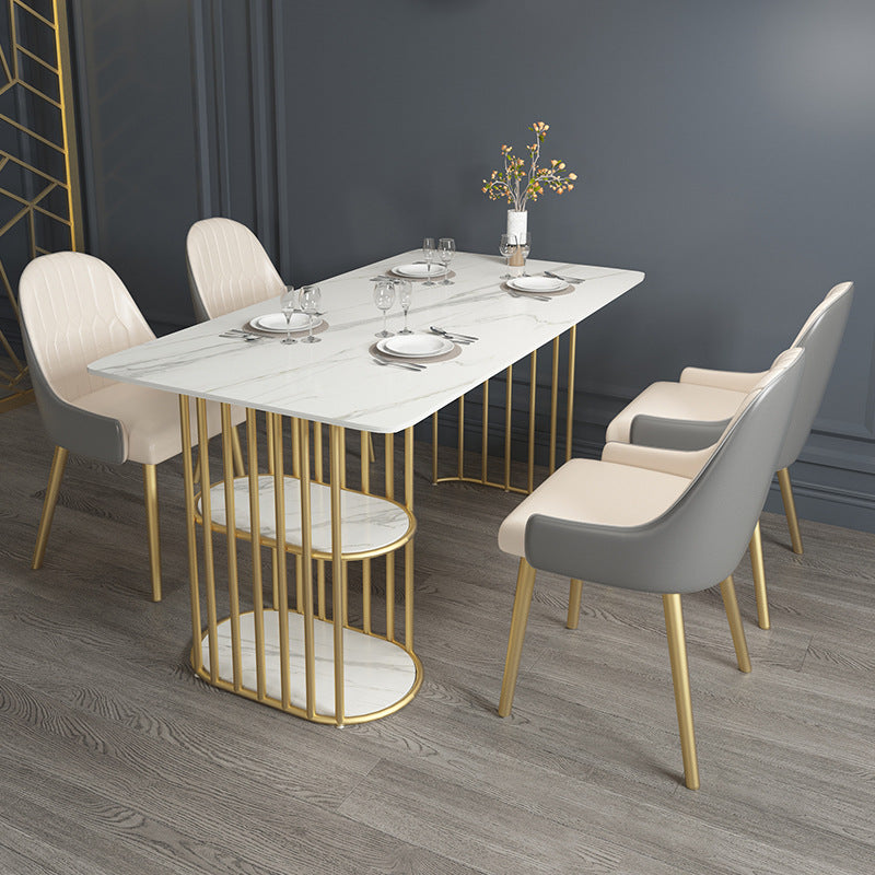Glam Style Dining Table Metal Double Gold Pedestal Table with Storage