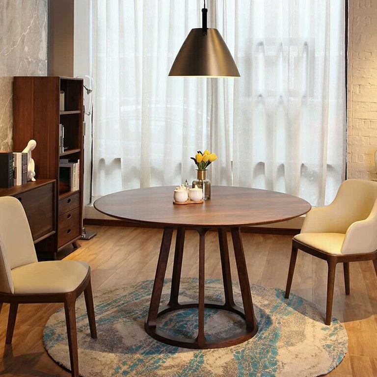 Round Pedestal Simplicity Dining Table Brown Tone Fixed Table with Pinewood Solid Wood