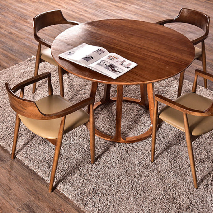 Round Pedestal Simplicity Dining Table Brown Tone Fixed Table with Pinewood Solid Wood