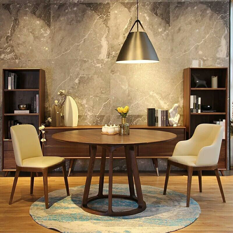 Round Pedestal Simplicity Dining Table Brown Tone Fixed Table with Pinewood Solid Wood